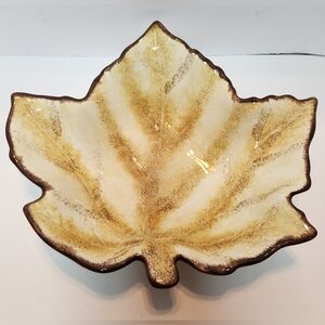 Yellow & Brown Ceramic Leaf Shaped Dish or Trinket Tray Fall Nature Decor 13.5"L